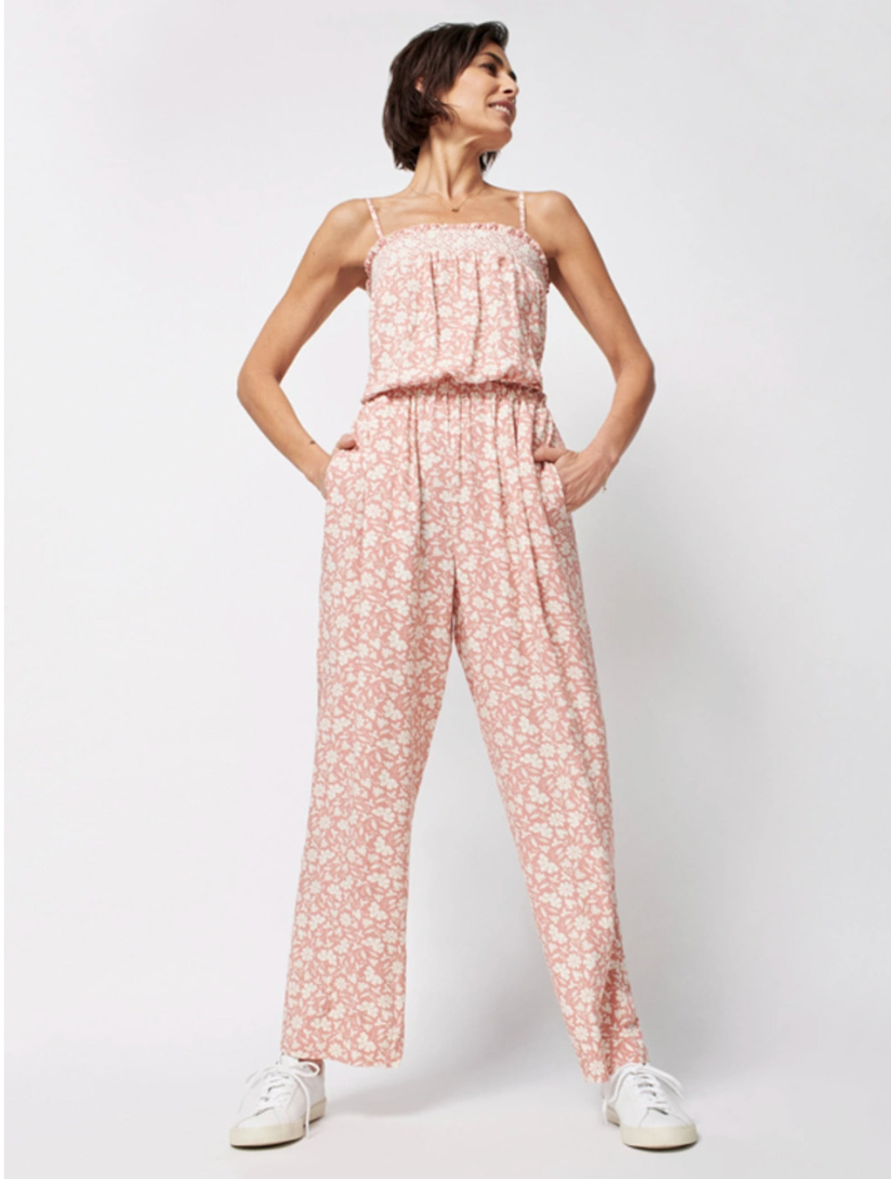 $178 FAHERTY Renata Pink Floral Jumpsuit Size L Large NEW NWT